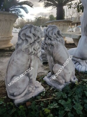 Coppia Di Statue Leoni Seduti In Cemento E Marmo, Cm70, Per Giardino, Fratelli Vagnoni, Made In Italy