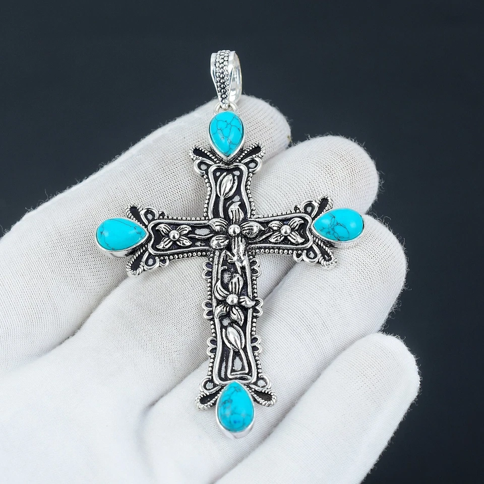 925 Sterling Silber Natürlich Türkis Edelstein Handgemacht Schmuck Kreuzanhänger - Bild 2 von 4