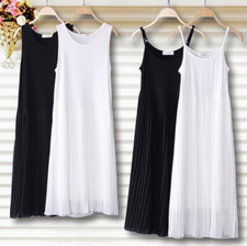 Women Pleated Chiffon Layered Full Length Cami Long Slip Dress