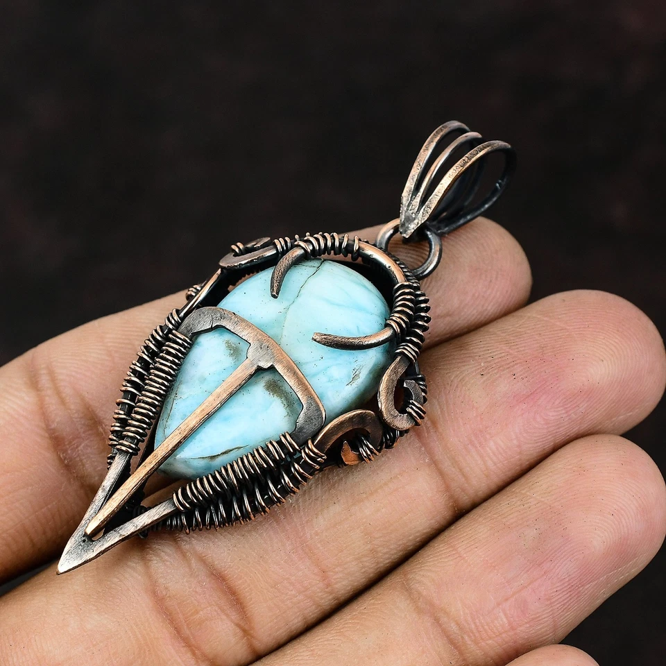 Joyería de piedras preciosas Larimar regalo de cobre para madre alambre envuelto colgante 2,56" Foto 3 de 4