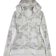 Athleta Hoodie Womens Size L Gray Camo Triumph Printed Full Zip Thumbholes