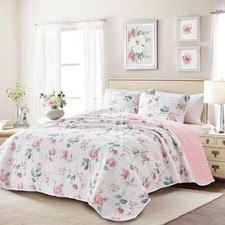 Floral Quilt Set Queen Size 88x88 with Pink Yellow Flower Soft Microfiber Lig...