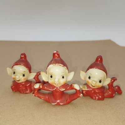 lot of 3. Vintage red pixie Elf Figures stamped Japan Christmas garden