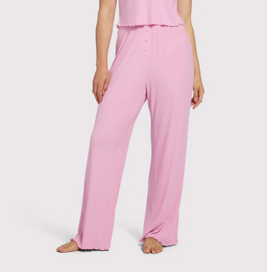 Nuuds Women's Bubblegum Pink Elastic Waist Mini Rib Wide Leg Pajama Pant Sz L