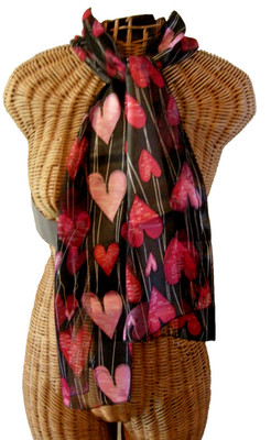 Scarf, Heart Print, Black, 60'' x 12'', Polyester, Brand New