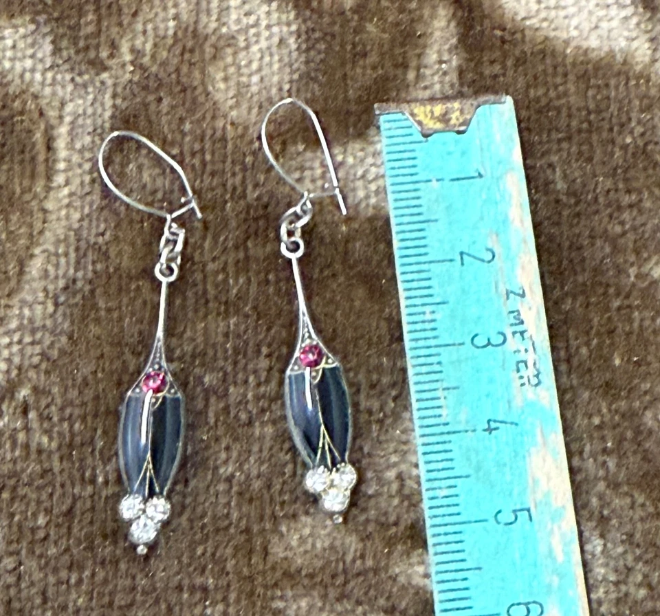 Vintage Ohrringe, Ohrhänger, Art Deco Stil, Strass, Emaille, Jugendstil - Bild 4 von 4