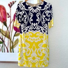 Eliza J Blue Yellow Stretchy Shift Dress Size 2P Rotary Club