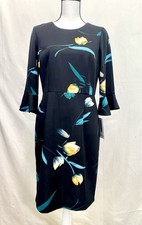 Nine West Black Teal Gold Floral Dress Size 8 Knee Length Flutter Sleeve NWT