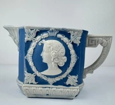 Antique Schafer & Vater Jasperware Creamer Jug Cameo Medallion Blue/White 3.25”