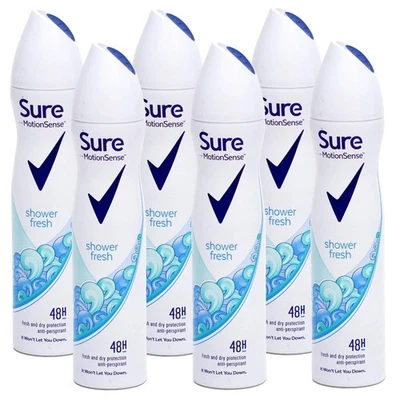6 x 250ml Sure Shower Fresh Antiperspirant Deodorant Spray 48H Protection