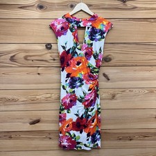 Cache Dress Medium Ruched Bodycon Floral Cutouts Tight Mini Pink Orange B63