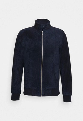 Men's Navy Blue Real Suede Leather Bomber Jacket Retro Moto Biker Casual Coat