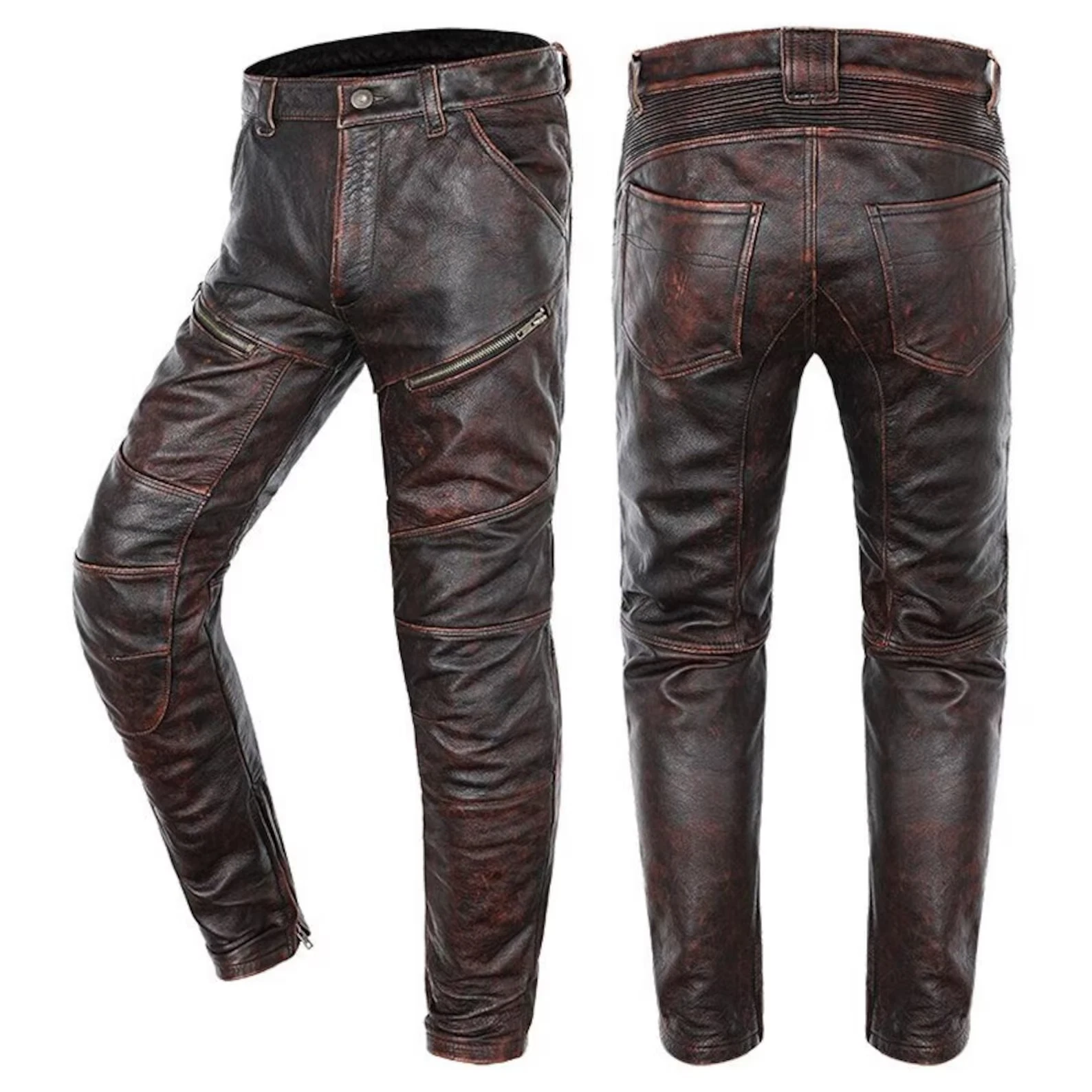 Vintage Brown Men Biker's Leather Trousers / Genuine Natural Cowhide Style Pant