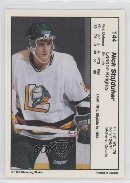 1990-91 7th Inning Sketch OHL Nick Stajduhar #144 - Image 2 of 2