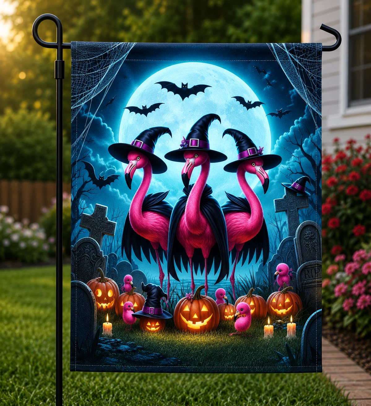 Halloween Spooky Flamingo Witches Garden Flag