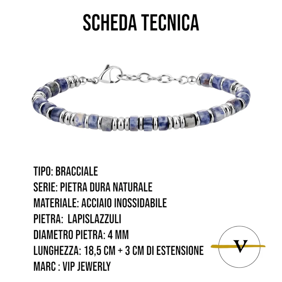 BRACCIALE UOMO DONNA ACCIAIO INOSSIDABILE E LAPISLAZZULI PIETRE DURE NATURALI - Immagine 2 di 4