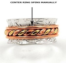 Three Tone Meditation Spinner Band 925 Solid Sterling Silver Ring Sz 7,