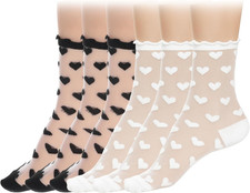 6 Pairs Sheer Socks, Lace Heart Ankle Socks Mesh Nylon Sock Ruffle Ankle Sock Th