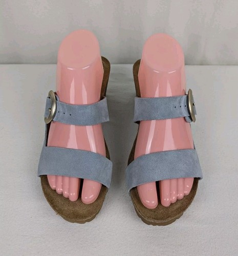 Yokono Sandals Women's 9 Blue Gray Leather Cork Wedge Buckle Made In Spain