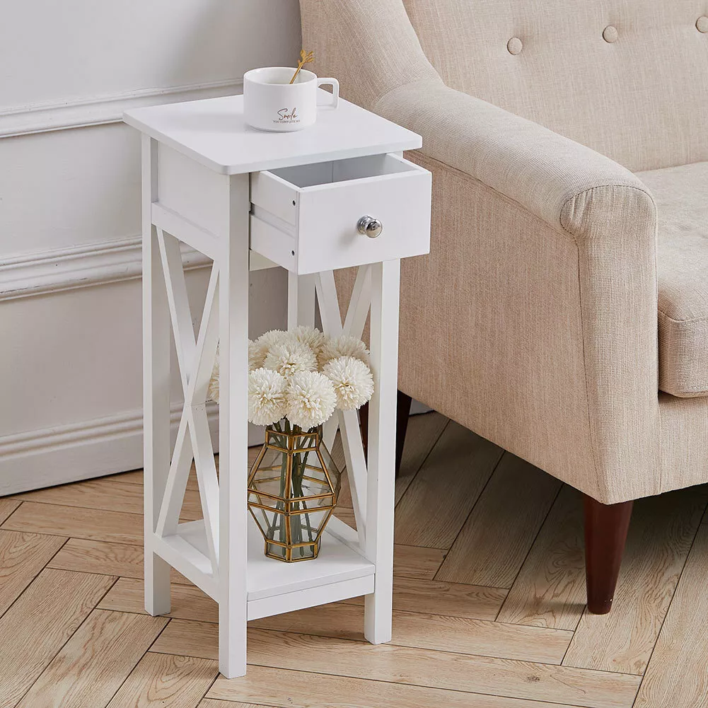 Narrow Wood Bedside Table Side Drawer Table Tall Slim Cabinet Coffee End Tables