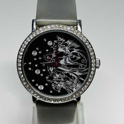 Ed Hardy Uhr Damen 38mm silberfarben Pave Bling grau Silikonband neue Batterie