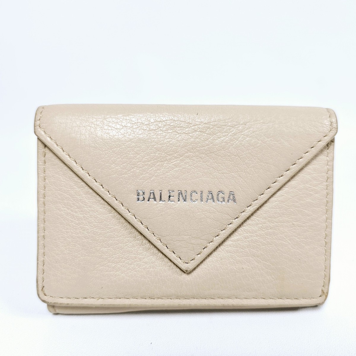 AUTHENTIC BALENCIAGA PAPIER MINI TRI-FOLD COMPACT BEIGE LEATHER WALLET