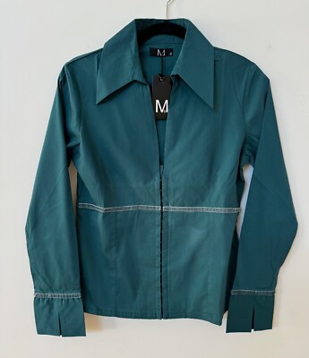 NEW Marittimo Blouse Women's Long Sleeve Shirt Dark Teal w/ Velvet Trim M