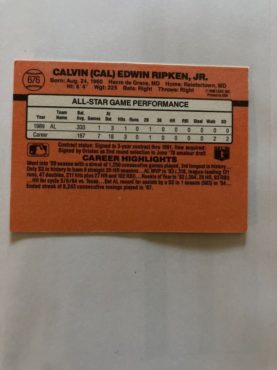 Cal Ripken, Jr.直書き直筆サイン パッチカード 1989 CAL RIPKEN JR MVP DONRUSS Error Card Missing Period