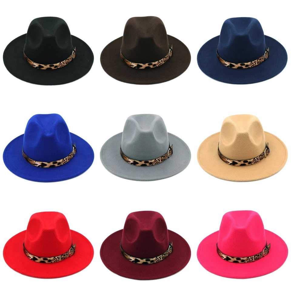 Mujeres Mezcla de Lana Sombrero de Panamá Ala Ancha Fieltro Fedora Gorras Sexy Leopardo Cuero Banda Foto 3 de 4