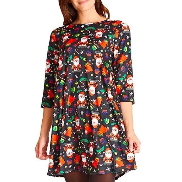 Women s Dress Works Santa Holiday Print Swing Dress by Dress Works