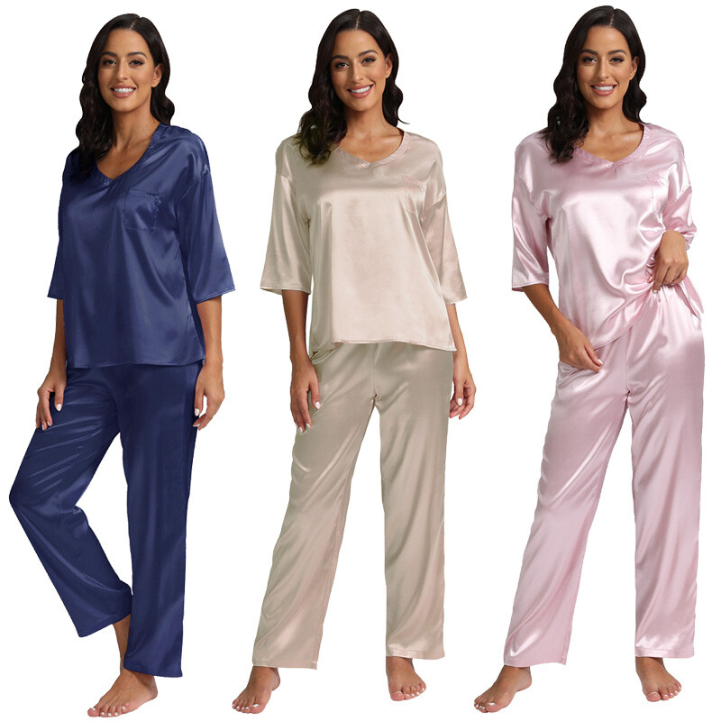 2PCS Women Ladies Satin Silk Pyjamas Pjs Short Sleeve Tops Pants