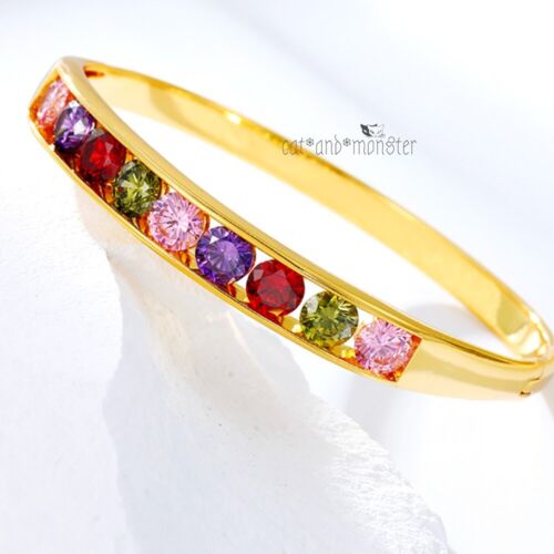24K YELLOW GOLD FILLED 8MM RAINBOW CRYSTAL BAND SOLID OVAL BANGLE BRACELET 58MM - Picture 1 of 8