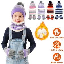 Kids Knitted Hat Scarf Gloves 3Pcs Winter Warmer Set Soft for 4-7-Year-Old Kids