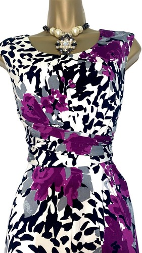 PRÉCIS PETITE Size 8 Bright Purple White Black Floral Print Bodycon Midi Dress - Picture 10 of 10