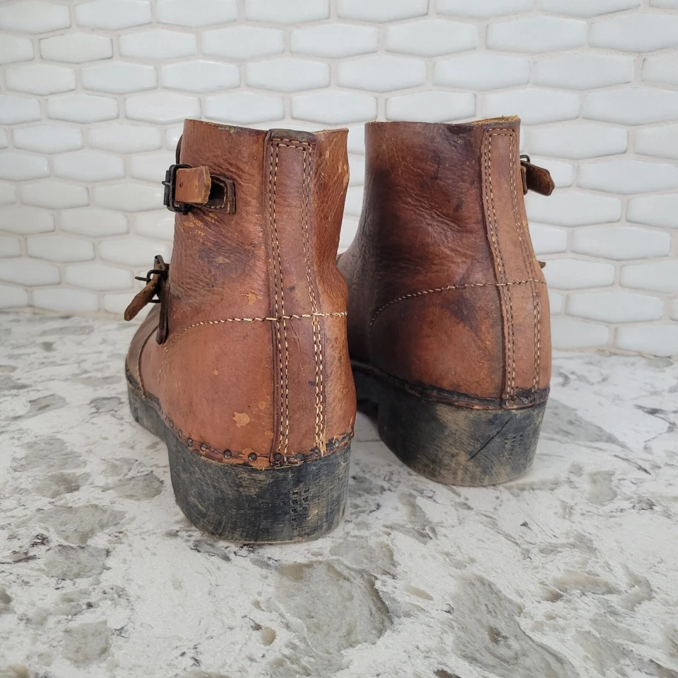 Botas de Trabajo Vintage Suela de Madera y Cuero Corte Bajo Doble Hebilla Talla 10 Foto 4 de 4