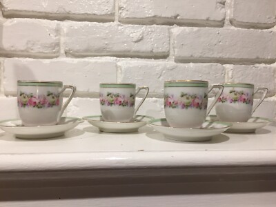 Antique Keister KPM Pink Rose Set Of 4 Chocolate Cup & Saucers