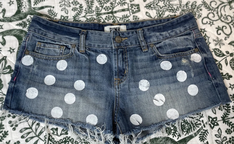 Pantalones Cortos Y2K Victoria's Secret ROSA Envejecidos Azul Rasgado Denim Lunares Talla 4 Foto 4 de 4