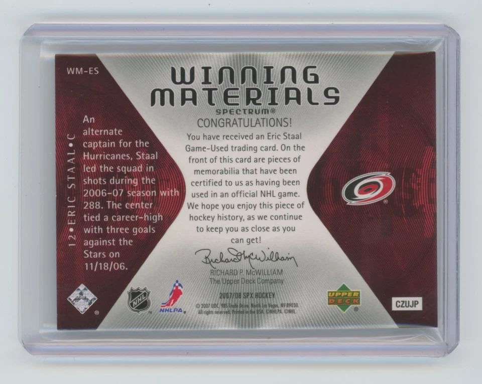 2007-08 Upper Deck SPX Winning Materials Patch Eric Staal /99 #WM-ES - Image 2 of 2