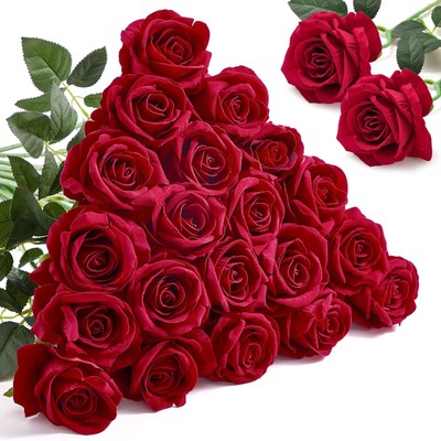Red Roses 20Pcs - 4in Real Touch Artificial Roses, Velvet Soft Fake Flowers w...
