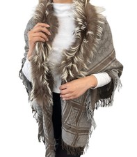 GUCCI Vintage GG Logo Monogram Fox Fur Shawl Scarf Wrap Gray Brown Wool