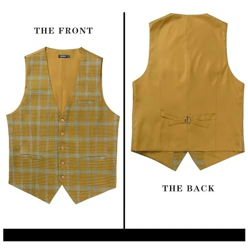  Men's Suit Vest Business Plaid Formal Dress Waistcoat Slim Fit Large A9-yellow - Image 4 of 4