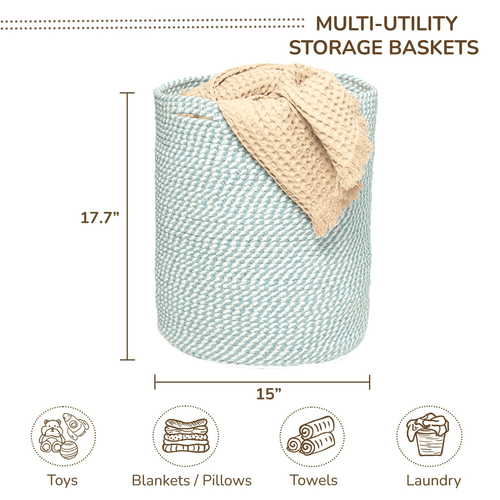 Recycled Cotton Laundry Basket Woven Rope Blanket Storage Basket Toys Towels - Picture 3 of 6