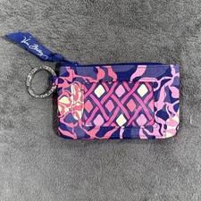 Retired Vera Bradley Purple Pink ID Zip Keychain Credit Card Wallet Coin Purse