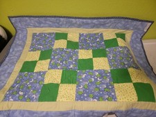 Handmade Crib Blanket Quilt Bkue Green Yellow Turtles 34" X 40"