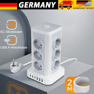 12 Fach Steckdosenleiste Tower EU Steckdosen Mit 6USB Überspannungsschutz 2M NEU
