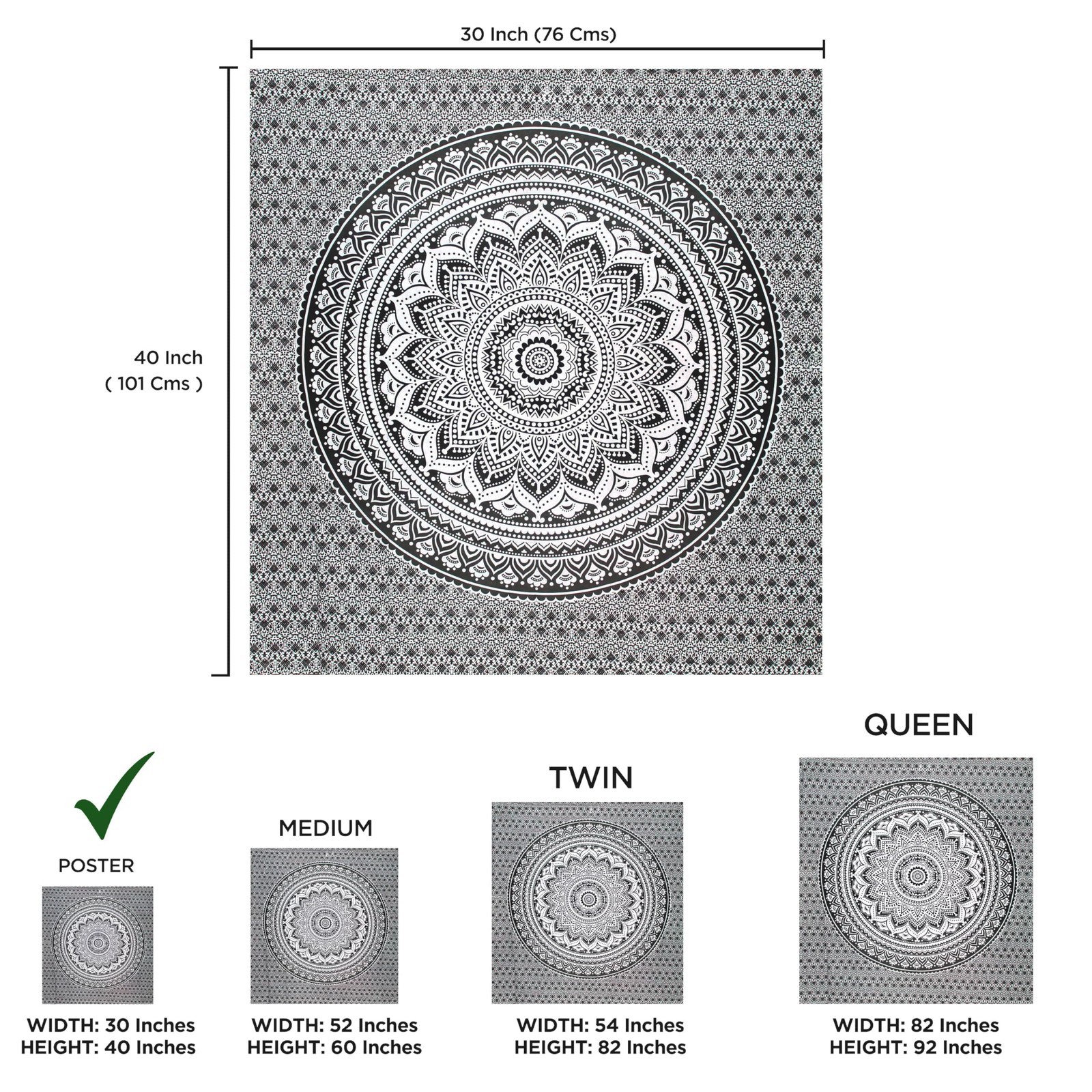 Grey Black Tapestry Wall Hanging 30x40 - Boho Bedroom Decor - Mandala Art