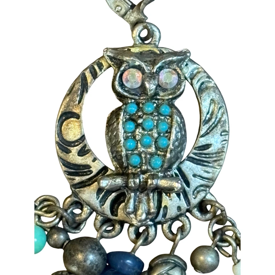 Pendientes colgantes vintage tono plata búho turquesa cuentas palanca trasero boho chic Foto 3 de 4