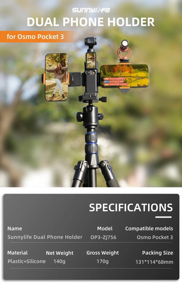 For DJI Osmo Pocket 3 Gimbal Camera Accessories Dual Phone Mount Holder & Tripod - Image 3 of 4