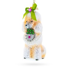 Elegant Poodle with Green Bow Blown Glass Ornament