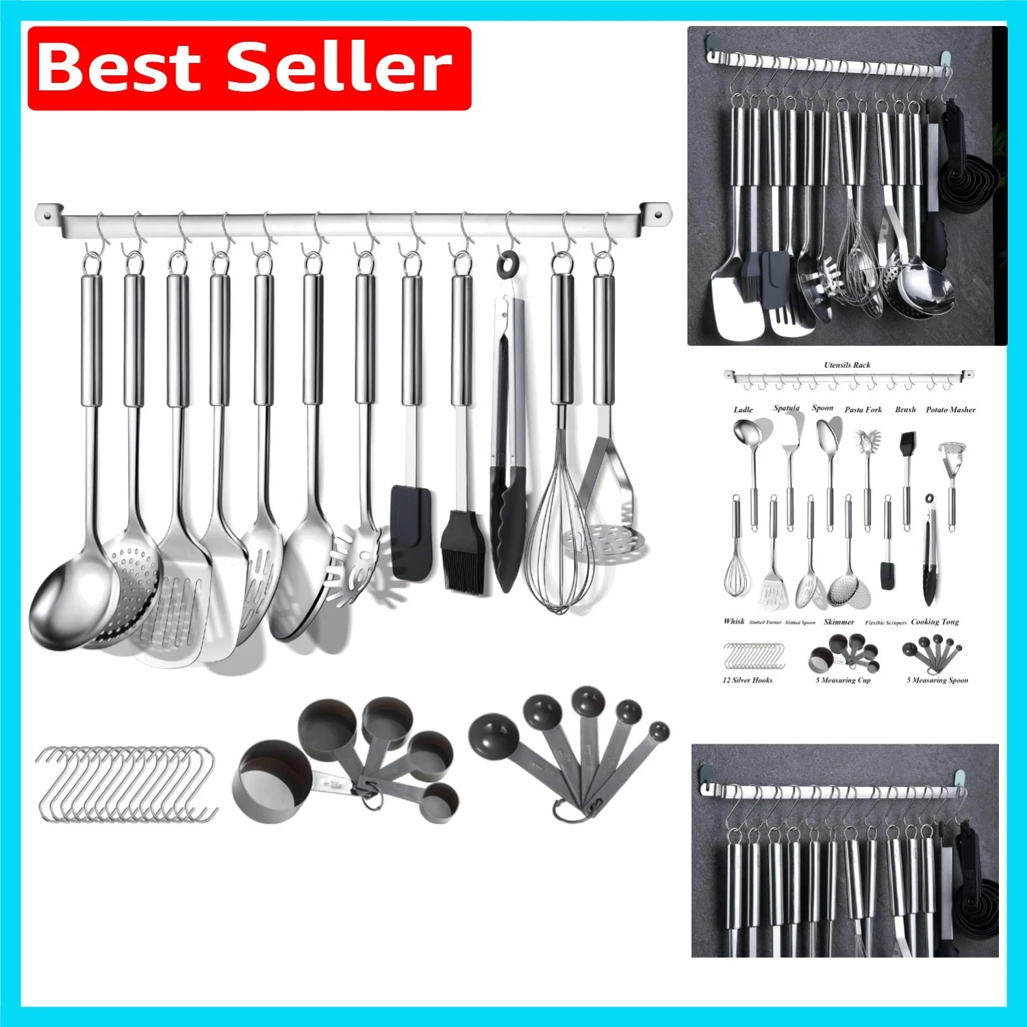 38-Piece Stainless Steel Kitchen Utensil Set with Elegant Utensil Holder Rack